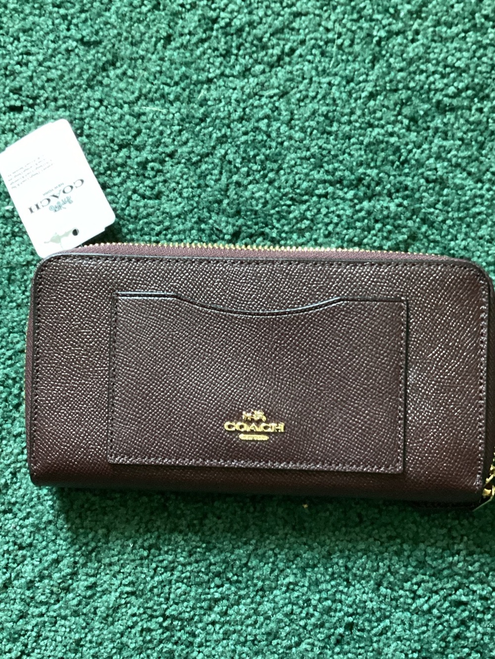 Coach Dark Brown Saffiano Zip Wallet with Gold Logo